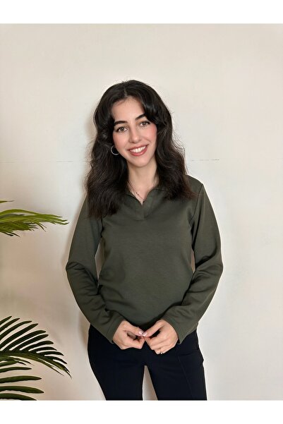 BELISTIL Khaki Polo Neck Modal Fabric Blouse Long Sleeve T-Shirt