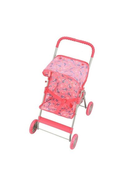 MACVI ® Foldable Doll Stroller, Metal Frame, 4 Wheels, Adjustable Handle, Storage, Pink.