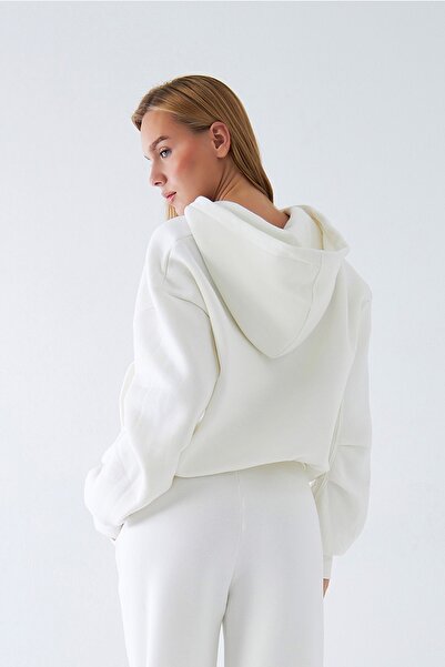 The Champ Clothing Γυναικείο φούτερ με φερμουάρ oversized λευκό – με φερμουάρ, με κουκούλα τσέπες Kanguru, 3 νήματα επένδυση fleece φλις