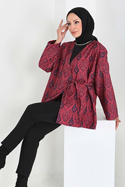 TOFİSA Ethnic Patterned Front Tie Jacket Red - 27899-Red