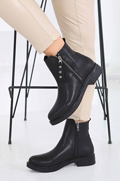 TOFİSA Γυναικείες μαύρες μπότες από συνθετικό δέρμα με φερμουάρ στα πλαϊνά - ...
