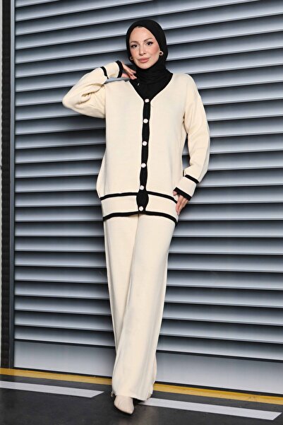 TOFİSA Striped Buttoned Knitwear Set Cream - 27904-Krem