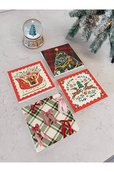 arslart Red Green Christmas Patterned Natural Stone Coasters, Home Decor, Chr...