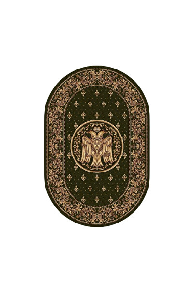 Lotos Oval Church Pattern Carpet 15032-310, Double-Headed Eagle Print, Green, 8 mm Thread