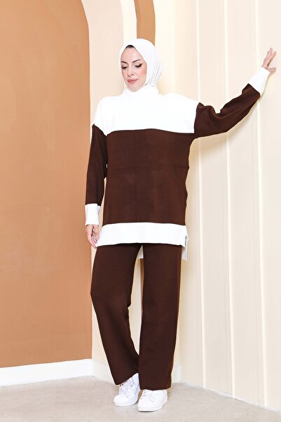 TOFİSA Paneled Knitwear Double Suit Brown - 27805-Brown