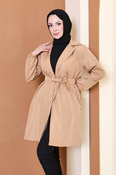 TOFİSA Miranda Trench Coat with Belted Sleeves and Elasticated Sleeves Tan - 27799-Taba