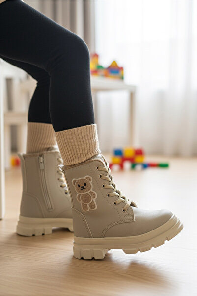 TOFİSA Girl's Beige Teddy Bear Detailed Zippered Boots - 27893-Bej