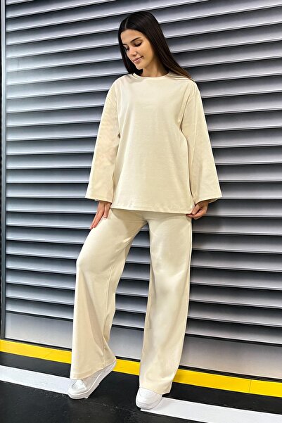 TOFİSA Σετ Φούτερ με φαρδύ πόδι με δύο κλωστές Κρέμα - 27717-KREM