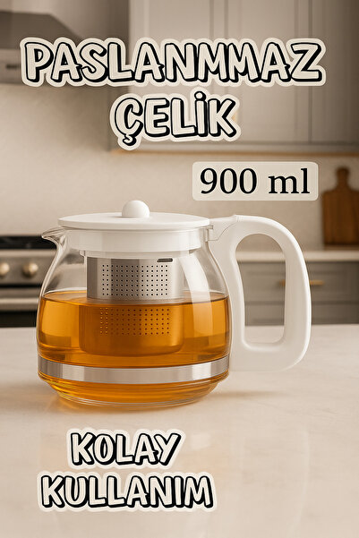 Funny Life Süzgeçli Cam Demlik 900 ml Çay- Bitki Çayı Demliği Beyaz Renk