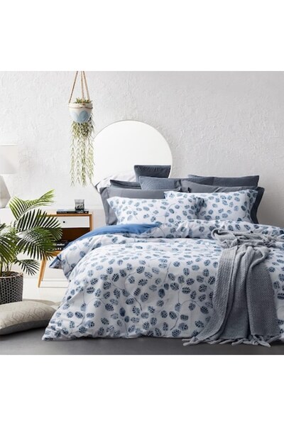 MILDLY Bedding set for 2 persons, 4-piece, washed cotton, 200 x 200 cm, 2 pillowcases 65 x 65 cm, blue prin