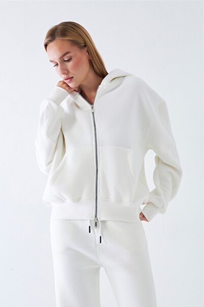 GIA - ART Women's Oversized Zip Hoodie White – Zippered, Hooded , Kangru Pocket, 3 Thread Ş Fleece-Lined Fleece