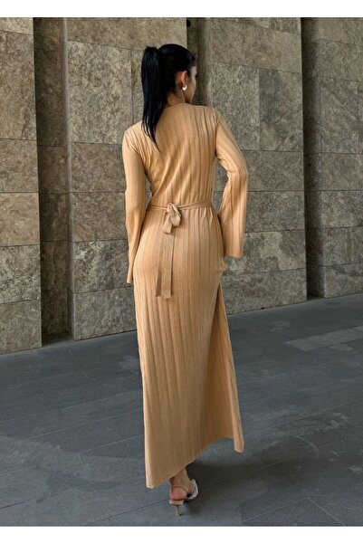 MAXXANA Beli Bağlamalı Parlak Kumaş Fitilli Triko Elbise