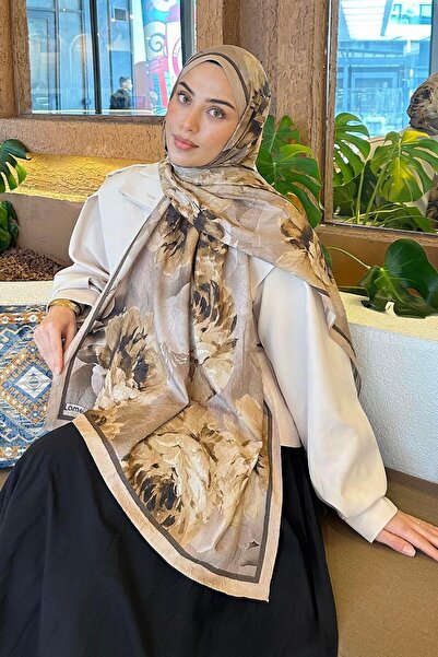 lamelif Flower Desen Bambu Şal Camel