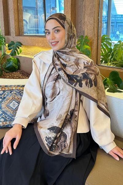 lamelif Floral Desen Bambu Şal Asker Yeşili