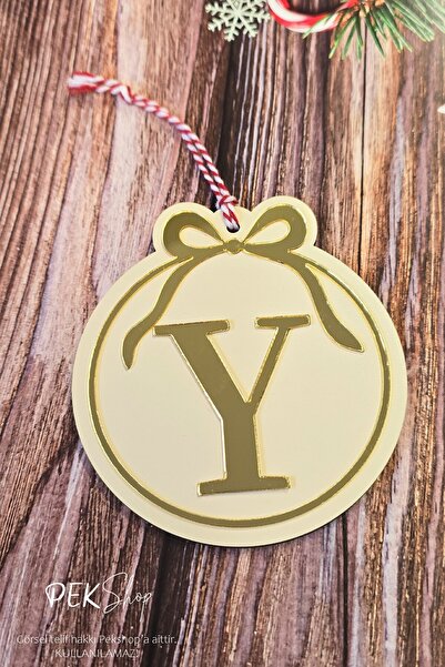 PEKSHOP Initial Letter Round Model Bow Christmas Tree Ornament - Gold Initial Letter and Bow Design New Year Ornament