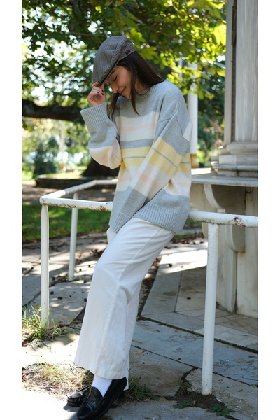 Butik Una Fiaba-Gri Oversized Crew Neck Soft Textured Knitwear Sweater