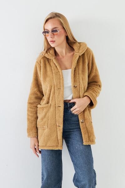Kutaf Camel Buttoned Oversized Plush Coat – Soft Fleece Unlined Jacket