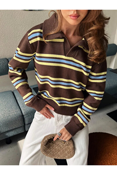 NİLZA Pulover tricotat pentru femei cu guler polo cu dungi maro