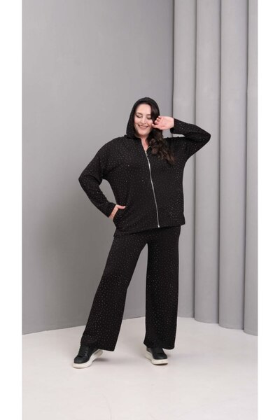 Esina Women's Crystal Fabric Wide Leg Zippered Front Stone Detailed Tracksuit Set with Hood