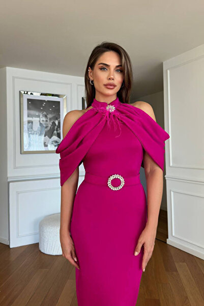 Neşeli Butik Women's Shoulder Detailed Buckle Belt Midi Length Dress Nbnc110095