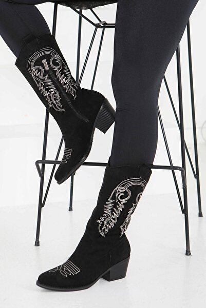 TOFİSA Cizme de damă din piele intoarsa cu fermoar, brodate negre - 27851-BLACK