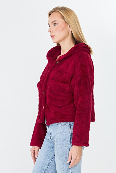 Kutaf Burgundy Buttoned Plush Hooded Women's Coat