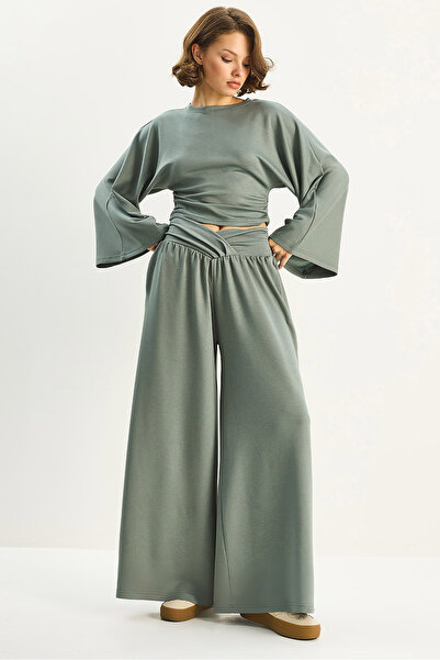 Bianco Lucci Women's Flared Sleeves Gathered Waist Top Pleated Belted Loose Pants Modal Set 2136 60283732