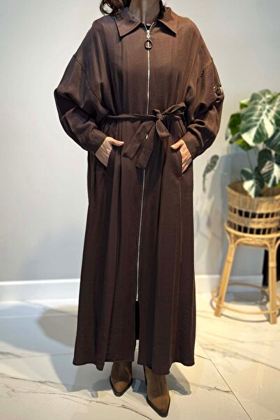 Ceremony Front Zipper Single Sleeve Stone Detail Inner Belted Cap Jacket 6881 Brown