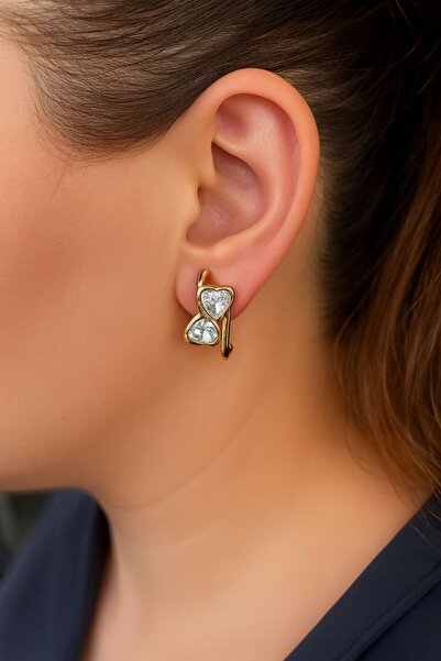 Gold Color Heart Shaped Elegant Women's Earrings with Stone Detail