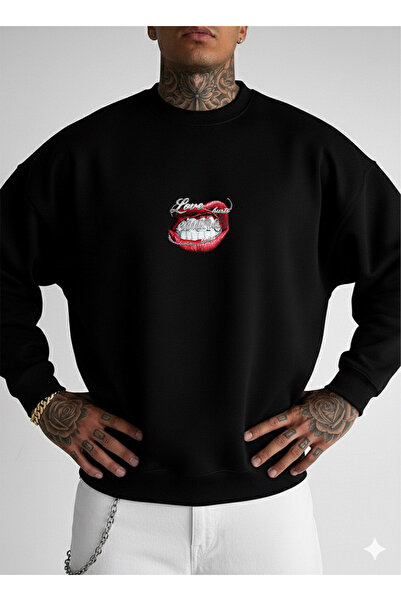 LORVEX Swea unisex oversize cu gât rotund tricou MOUTH imprimat