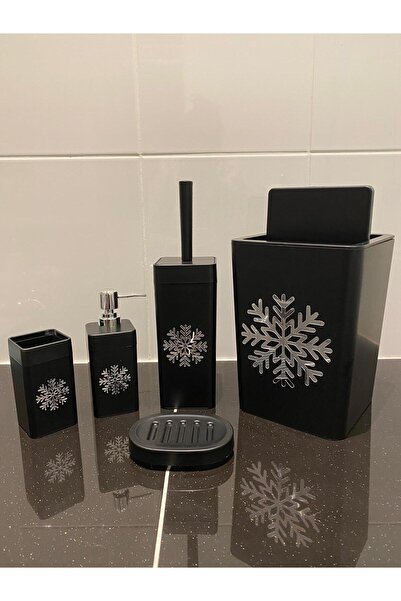 TrendBanyoMutfak طقم حمام فاخر من 5 قطع بتصميم ندفة الثلج باللون الأسود غير اللامع |   وعاء للصابون، سلة مهملات، مجموعة فرش