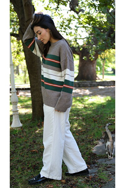 Butik Una Fiaba-Vizon Rengi Oversized Crew Neck Soft Textured Knitwear Sweater