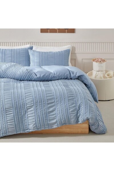 Luofanfei Double Bed Linen Set 155x220 cm, 2 Pillowcases 80x80 cm, Linen & Cotton, Light Blue