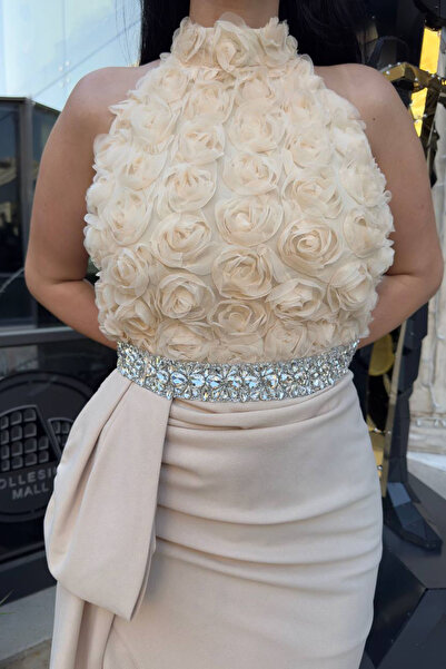 Neşeli Butik γυναικείο βραδινό φόρεμα premium με λεπτομέρεια από τριαντάφυλλο και σχέδιο με πέτρα στη μέση NBNC2527