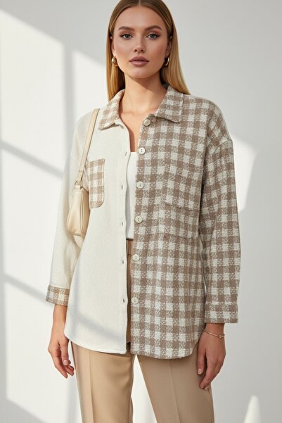 Kübra Tekstil Kadın Bej Oversize Fit Ekoseli Desenli Uzun Kollu %100 Pamuk Gö...