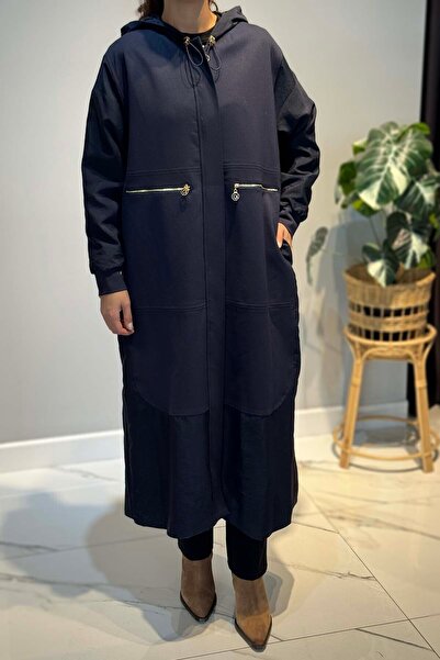 Ceremony Hooded Dubai Paneled Steel Cap Jacket with Front Pockets and Zipper Closure 6811 Navy Blue