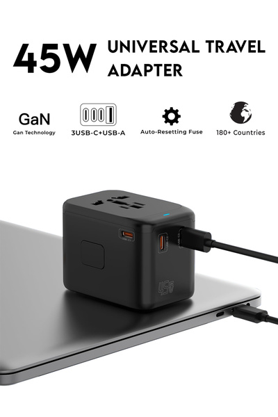 Glassology محول USB عالمي 45 وات بأربعة منافذ - شحن سريع، أسود أنيق