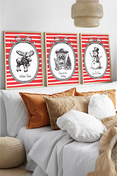 huhuli Yılbaşı Temalı 3'lü Ahşap Çerçeve Tablo Seti Huhu549