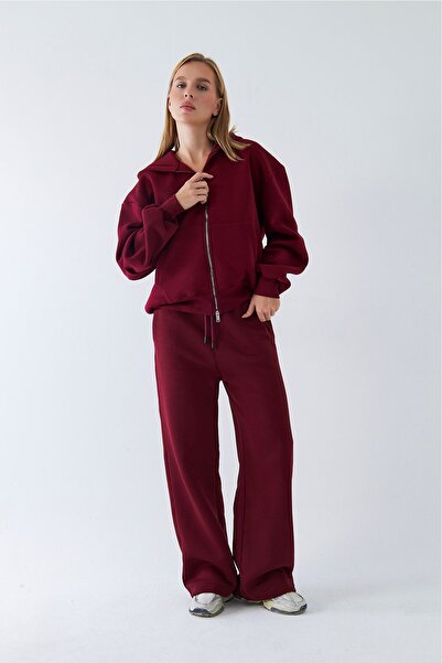 The Champ Clothing Kadın Oversize Eşofman Takımı Zip Bordo – Fermuarlı, Kapüşonlu, Bol Paça, 3 İplik Şardonlu Polar
