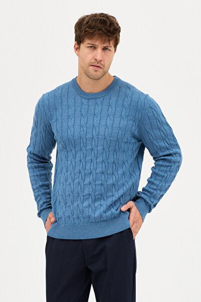 Frappoli Мъжки пуловер с обло деколте от памук с индиго цвят и плетени мотиви
