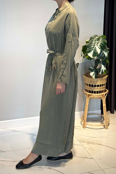 Ceremony Button Detailed Dress on the Sleeves and Hem 6701 Khaki