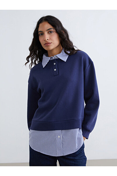 LC Waikiki Navy Blue Shirt Collar Striped Women's Thick Sweatshirt Tunic