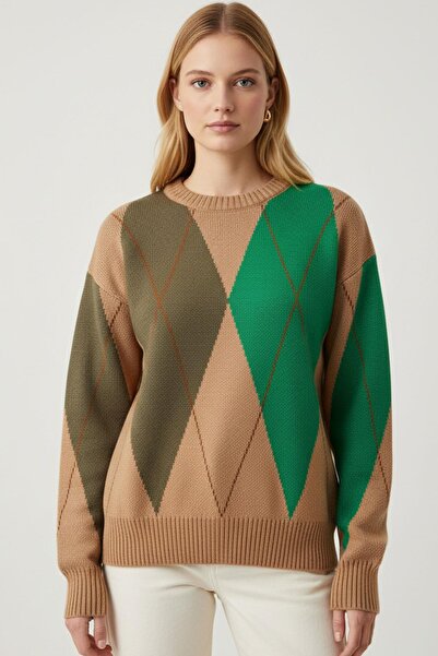 FTZ WOMEN Women's Diamond Patterned Sweater Biscuit 25094