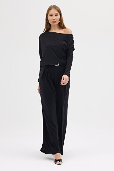 Laranor Black Zippered Front Pleated Detail Wide Leg Pants Day and Night Elegance 25L8146