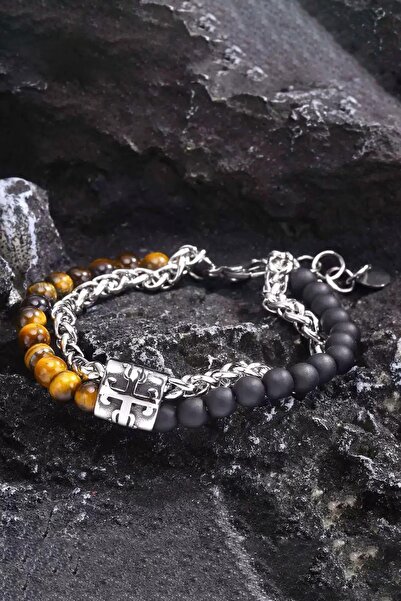 TAKIŞTIR Mixed Color Chain and Bead Detailed Steel Men's Bracelet