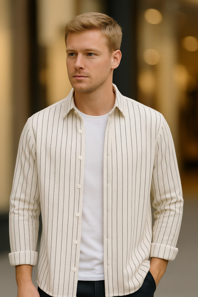 mavisima erkek giyimi Erkek Beyaz İnce Çizgili Oduncu Tarzı Gömlek – Rahat Kalıp Yeni Sezon Şık Kombin Trend