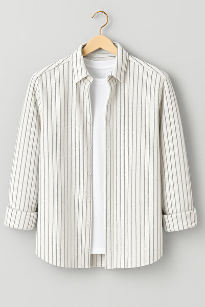 mavisima erkek giyimi Erkek Beyaz İnce Çizgili Oduncu Tarzı Gömlek – Rahat Kalıp Yeni Sezon Şık Kombin Trend