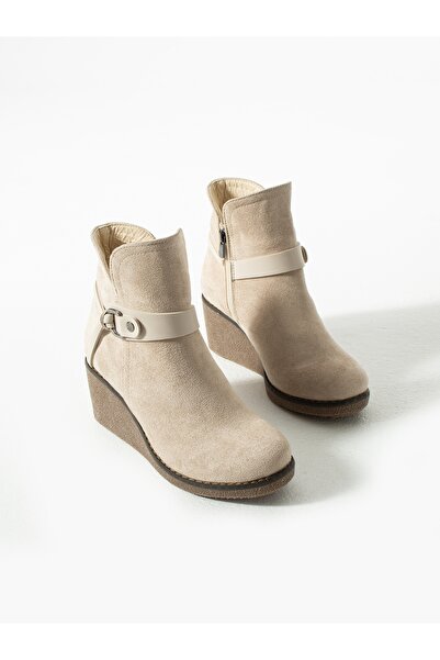 ALEMDAR AYAKKABI Γυναικείες μπότες PİUMA Cream Suede Wedge Heeled