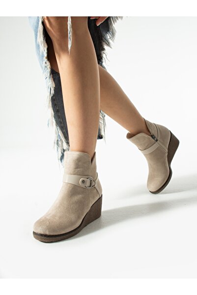 ALEMDAR AYAKKABI Γυναικείες μπότες PİUMA Cream Suede Wedge Heeled