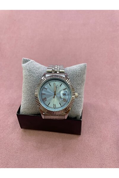 AYZENA Çelik Gümüş Renk Kordon, Bebek Mavisi Kadran Tarih Ayarlanabilir RLX M...